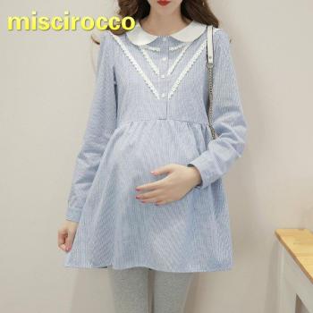 Blouse grossesse coton – Manches longues, col de poupée, mi‑long rayé, grande taille