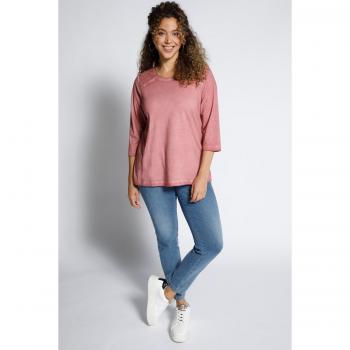 Maglia in cotone per donna, taglie forti, rossa, con spalle in pizzo e maniche a 3/4, scollo girocollo