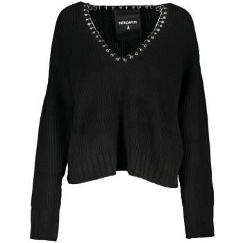 Patrizia Pepe Elegant V-Neck Sweater with Chic Details, Black, female, Size: S