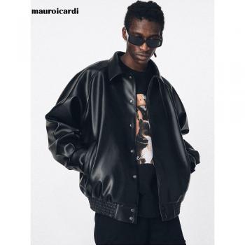 Mauroicardi Men's Casual Black Leather Jacket with Turned-Down Collar