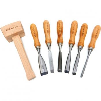 HBM Jeu de 7 gouges avec marteau en bois de 215 mm