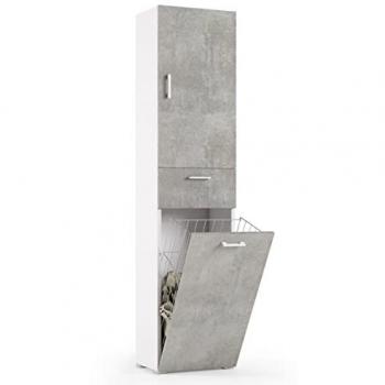 Terraneo Mobile Lavanderia 120 Bianco, mobile lavanderia 2 ante in truciolare bianco con anta cemento, dimensioni P 32 x L 45 x H 195 cm, mobile multiuso con cestello porta b