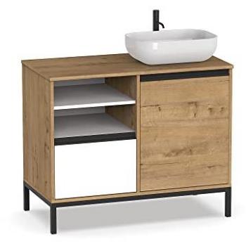 Mueble de Baño Industrial con Lavabo Cerámico Incluido, Estructura con Patas, 2 Estantes, Cajón y Puerta, Color Roble Gold y Blanco, Dimensiones 100x96x51 cm