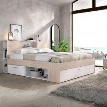 Leandre Signature – Cama con Compartimentos – 140x190 cm – Blanco/Natural