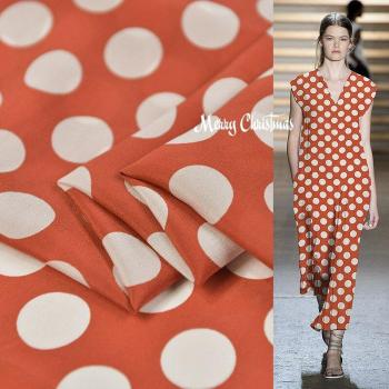 100% Natural Silk CDC Fabric with Orange Polka Dots for Dress