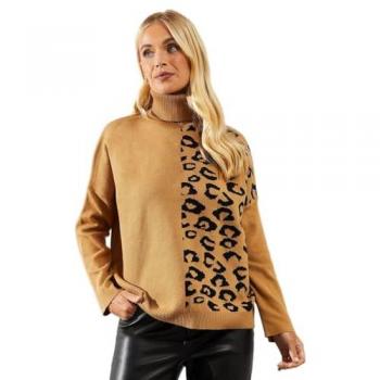 Womens Petite Color Block Animal Sweater