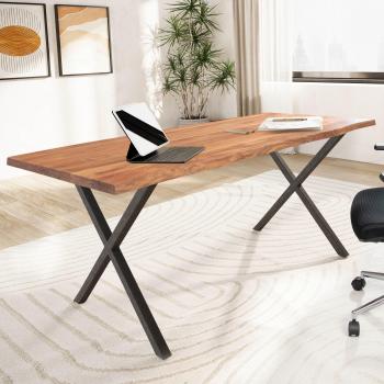 FineBuy Akazien-Massivholz‑Schreibtisch mit Metallrahmen, 120 × 60 cm, X‑Beine