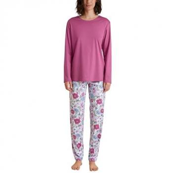 CALIDA Frühlingsblumen Träume Pyjama, lang für Damen, L, Violett, aus reiner Supima®-Baumwolle