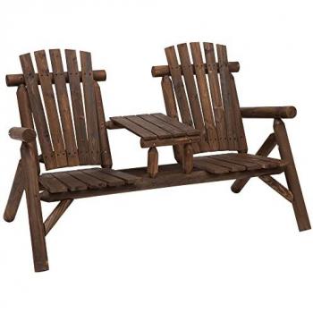 Carbonized Wood 2-Seater Patio Loveseat Bench with Center Coffee Table