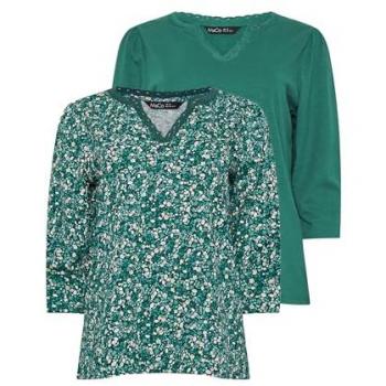 M&Co Blue Printed & Plain Lace Trim Top Pair