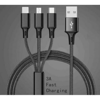 3 in 1 Charger Cable for iPhone 12, Xiaomi Mi 3A, USB Type C, Android Phone, 1.2m