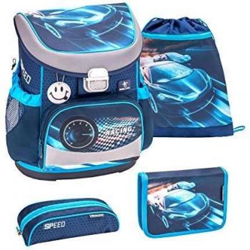 Belmil ergonomischer Schulranzen Set 4-teilig für Jungen 1, 2 Klasse Grundschule/Super Leicht 750-800 g/Brustgurt/Auto, Rennauto/Blau