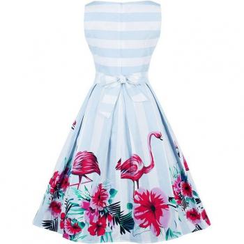 Tonval Sommerkleid mit Blumen und Flamingos, gestreiftes Vintage Kleid, elegantes Rockabilly-Kleid für Frauen