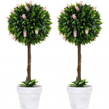 Homcom 60cm Set of 2 Decorative Artificial Plants Ball Trees with Flower, Pink