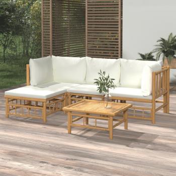 Salon de jardin 5 pièces coussins blanc crème bambou