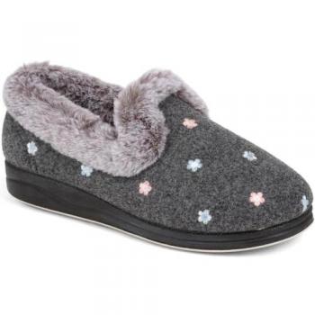 Pavers Chaussons Gris à Motif Fleurien en Faux Poils