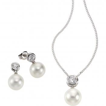 Firetti Perlset „Glanz & Eleganz“ – 4‑teiliger Schmuck mit Ohrsteckern, Halskette, Muschelkernperlen und synthetischem Zirkonium