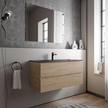 Mueble Lavabo Suspendido MDF Roble Miel, Lavabo Fundición Negro Mate + Orificio Grifería 100x46x50 cm – Ava Cream