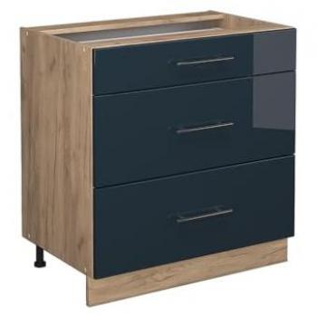 Mobiletto cucina Fame-Line, Blu scuro lucido, 80 cm, 3 cassetti, senza piano di lavoro