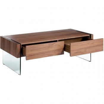 Table basse moderne en noyer et verre avec tiroirs