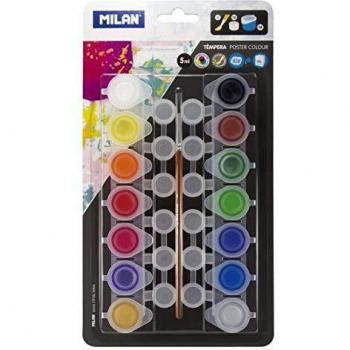 Blister con 14 botes de tempera 5ml + 12 botes de mezclas y pincel milan