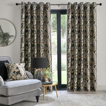 Paradise Palm Black Jacquard Eyelet Curtains