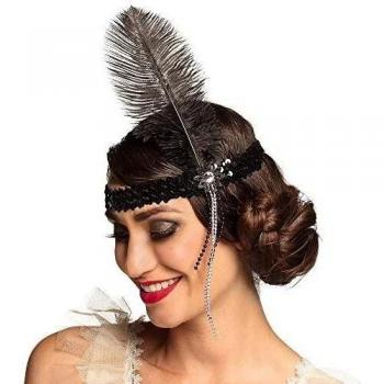 Boland Federkopfschmuck Flapper, schwarzes Stirnband mit Perlen und Feder für Karneval