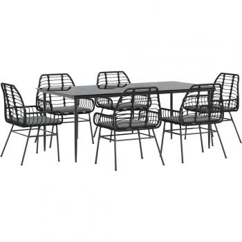 Set Pranzo Esterno 7 Elementi Nero, Cuscini Polirattan, Vetro
