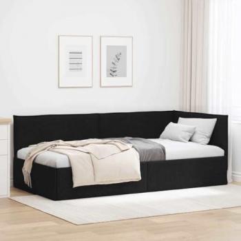 Lit d'angle avec tête de lit en tissu noir 90 x 200 cm
