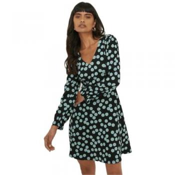 Women's Spot Long Sleeve V Neck Mini Dress