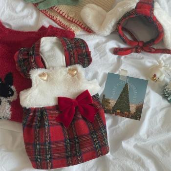 Warm Woolen Plaid Dog Dress with Bunny Ears