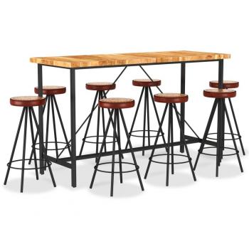 Ensemble de Bar Élégant 9 Pcs Acacia et Cuir