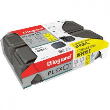 Lot de 3 prises + 2 interrupteurs + commande double Plexo saillie