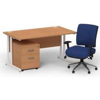 Impulse 1400mm Bench Desk Oak Top White Cantilever Leg with 2 Dr