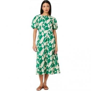 Ladies Abstract Linen Blend Midi Dress with Puff Sleeves