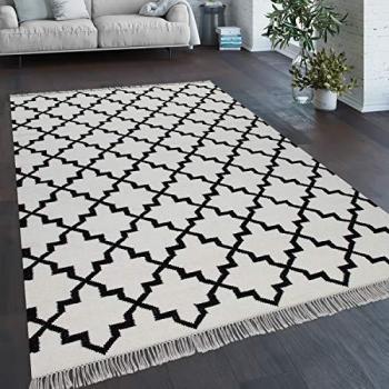 Handgewebter Wolle Teppich im Skandi Design mit Fransen, rechteckig, 12 mm Höhe