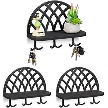 Black Vintage Key Rack Set with Shelf and Hooks, Cast Iron & Wood, 3 Units