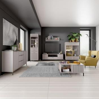 Wohnzimmer Set Wohnwand Anbauwand Kaschmir beige 6-teilig modern Kommode Vitrine Wandregal Lowboard Highboard Couchtisch