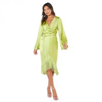 Coast Women's Satin Fringe Hem Wrap Waist Midi Dress