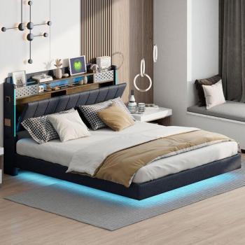 Okwish Lit Adultes 160x200 cm – Lit Double Rembourré, Éclairage LED, Rangement à Bord, Prises USB