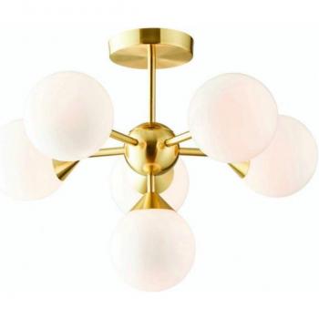 Plato de Techo Oscar 6 Luces Dorado Cepillado Satinado y Vidrio Blanco Brillo Regulable IP20