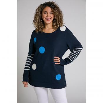 Women's Plus Size Blue Knit Sweater with Dot and Stripe Design