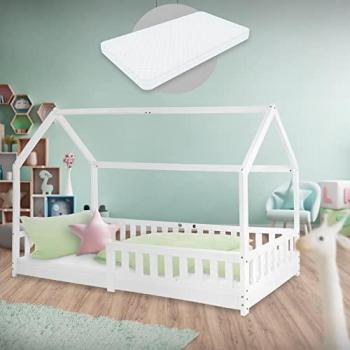 Cama infantil casa blanca con colchón y protección anticaída 90x200 cm