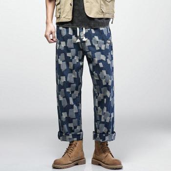 5XL Loose Fit Men's Plaid Printed Denim Jeans