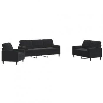 Set di Divani Velluto Nero 3 Pezzi con Cuscini