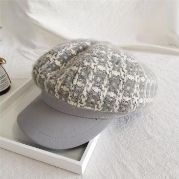 Plaid Octagonal Leisure Cap with PU Brim for Autumn and Winter