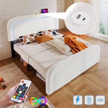 Tête de lit ajustable 140x200 cm, sommier à lattes bois + USB‑C