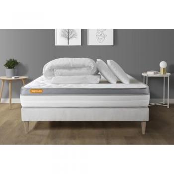 Septnuits Pack Matelas + Sommier Kit Blanc 160x200 Memo Zen Mousse à Forme Maxi Épaisseur + Couette + 2 Oreillers – 26 cm, Confort Ferme