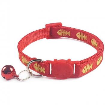 Cute Fishbone Print Adjustable Cat Collar Breakaway Nylon with Bells 19-32cm 1.0cm