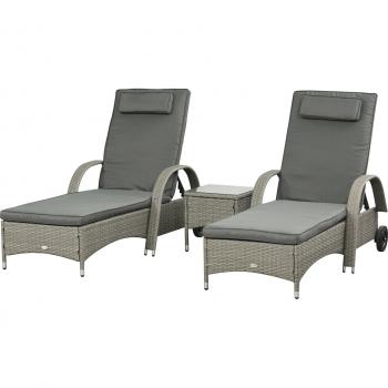 Lettino Prendisole Set di Tavolini Outsunny in Rattan Synthetico e Metallo Grigio